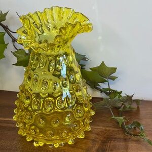 Vtg-Mid Century-Canary Yellow-Crimped Ruffled Top Rim-Hobnail Glass Vase-6”-EUC